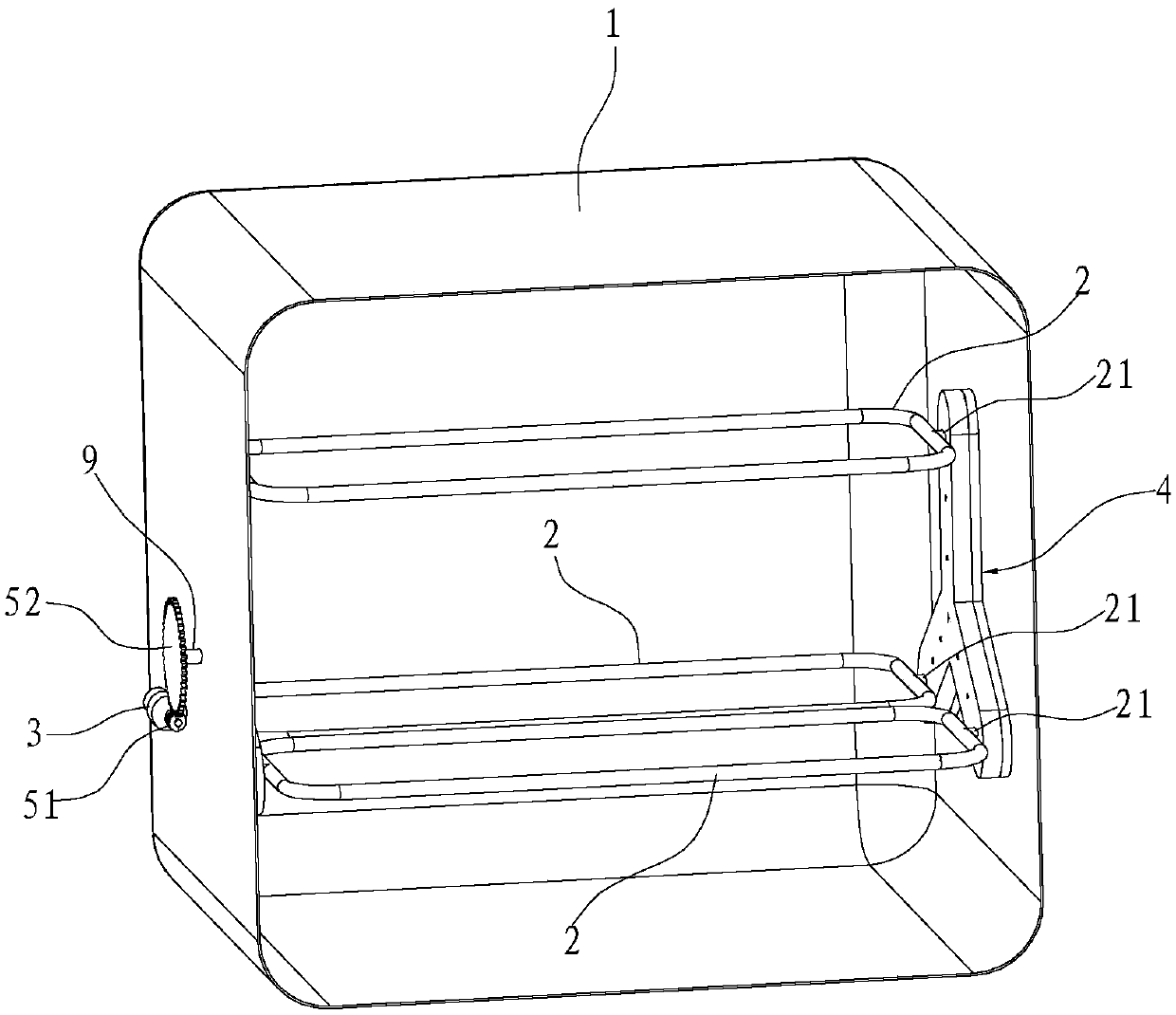 Self-balancing rotating grill structure and oven with same