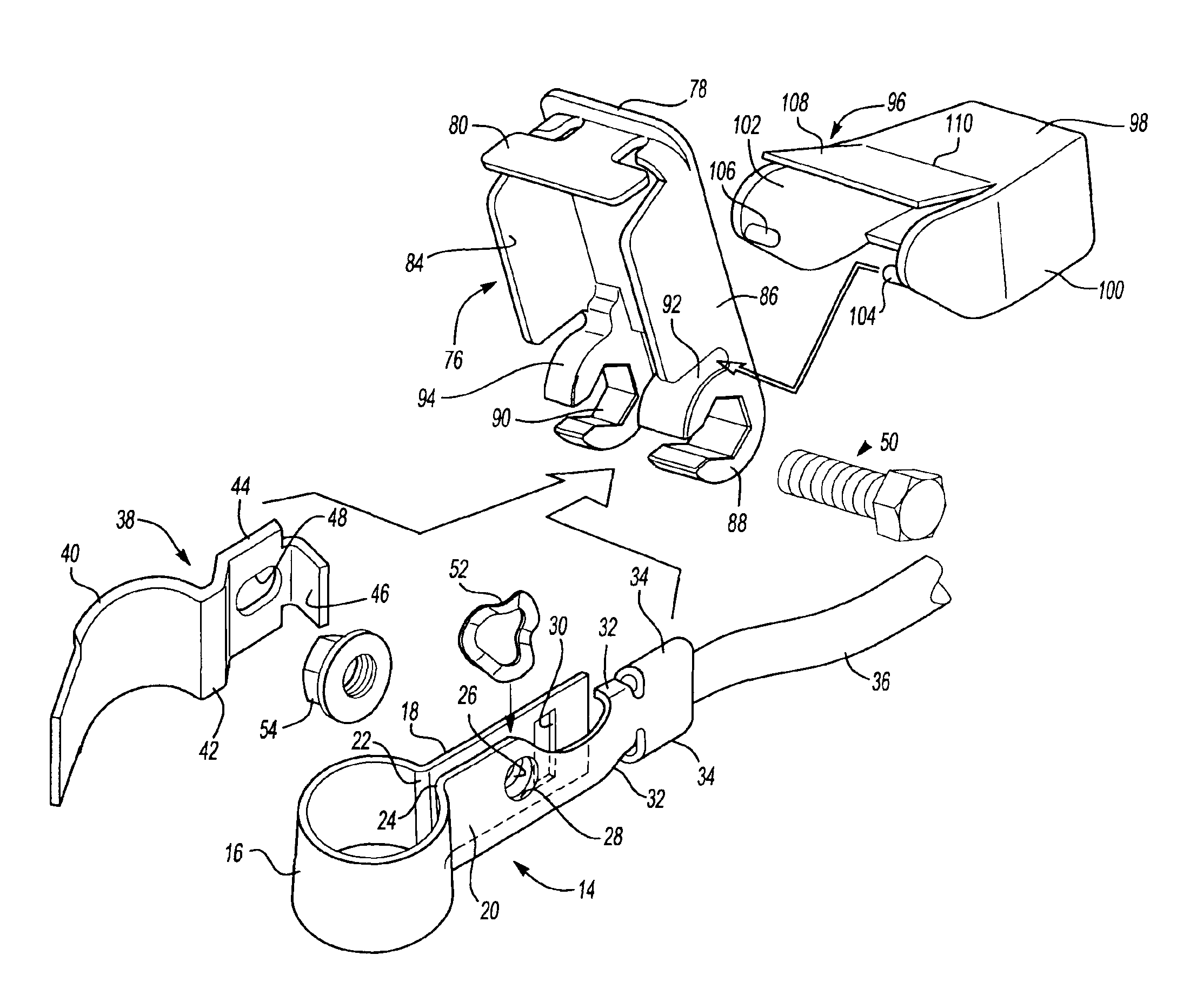 Stamped battery terminal exhibiting a pivoting clamping mechanism