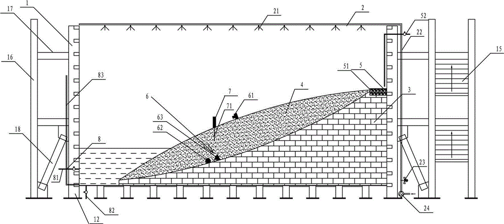 A three-dimensional artificial rainfall reservoir type landslide physical model test equipment