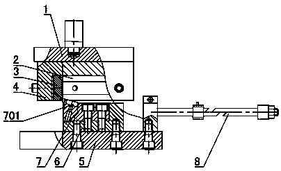 High-efficiency integrated steel plate spring cropping, chamfering and hard-label-pressing mold