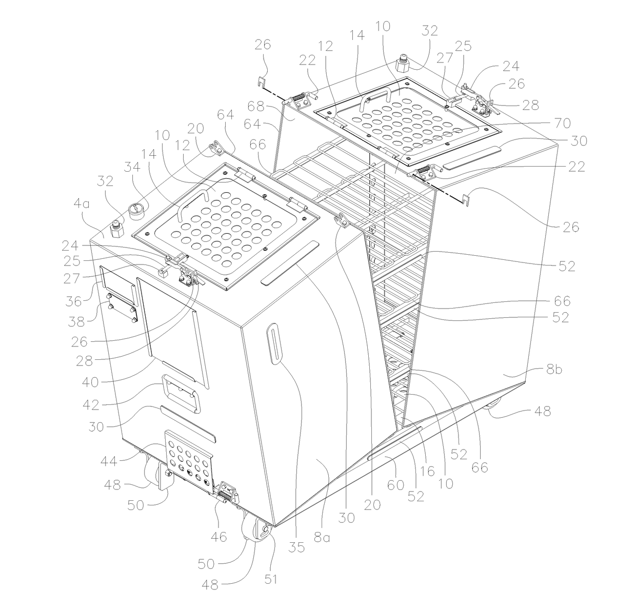 Mobile apparatus and method for sterilizing one or more surgical trays with integrable transfer and storage system