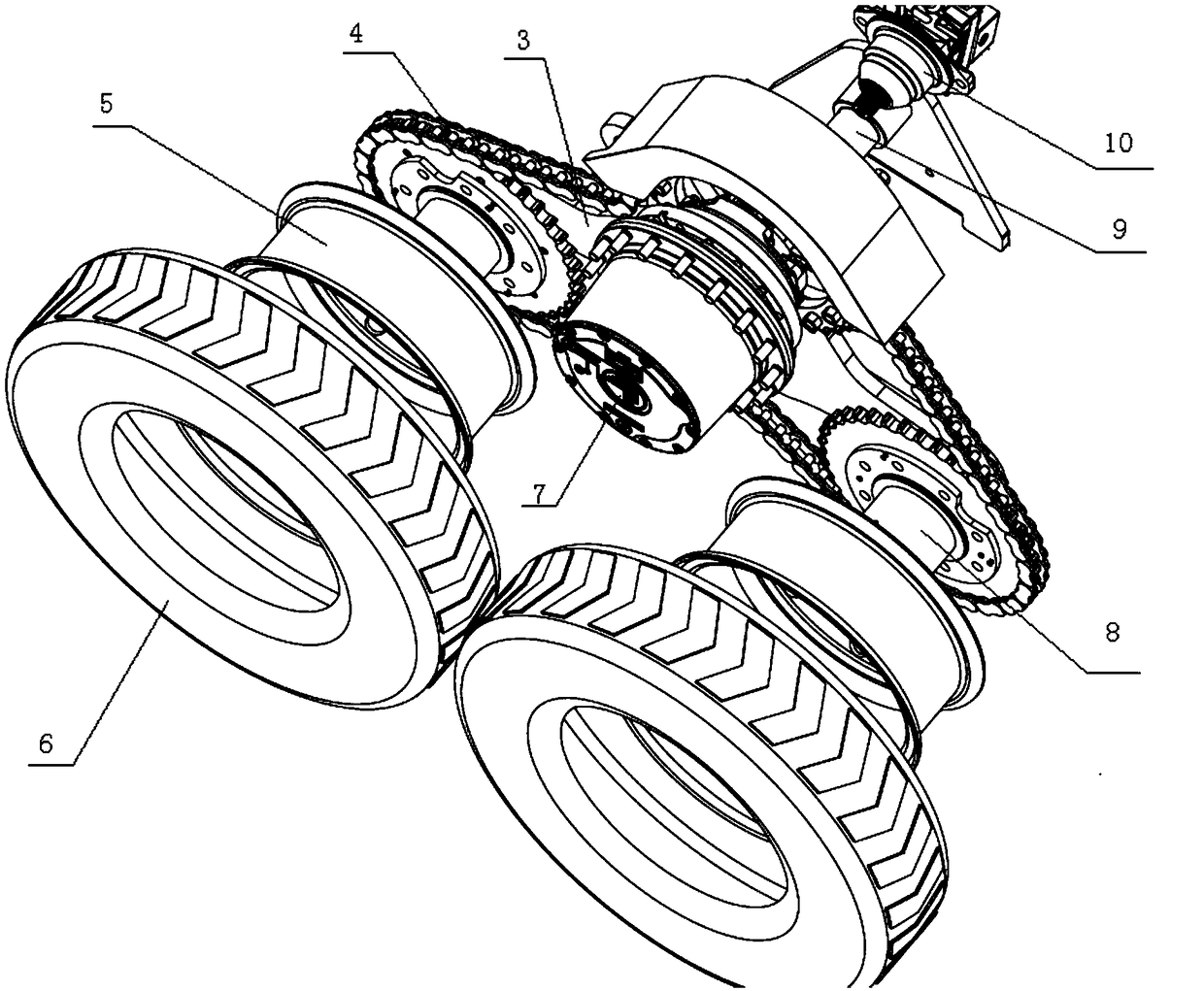 Swinging frame type rear wheel driving structure for spreading machine