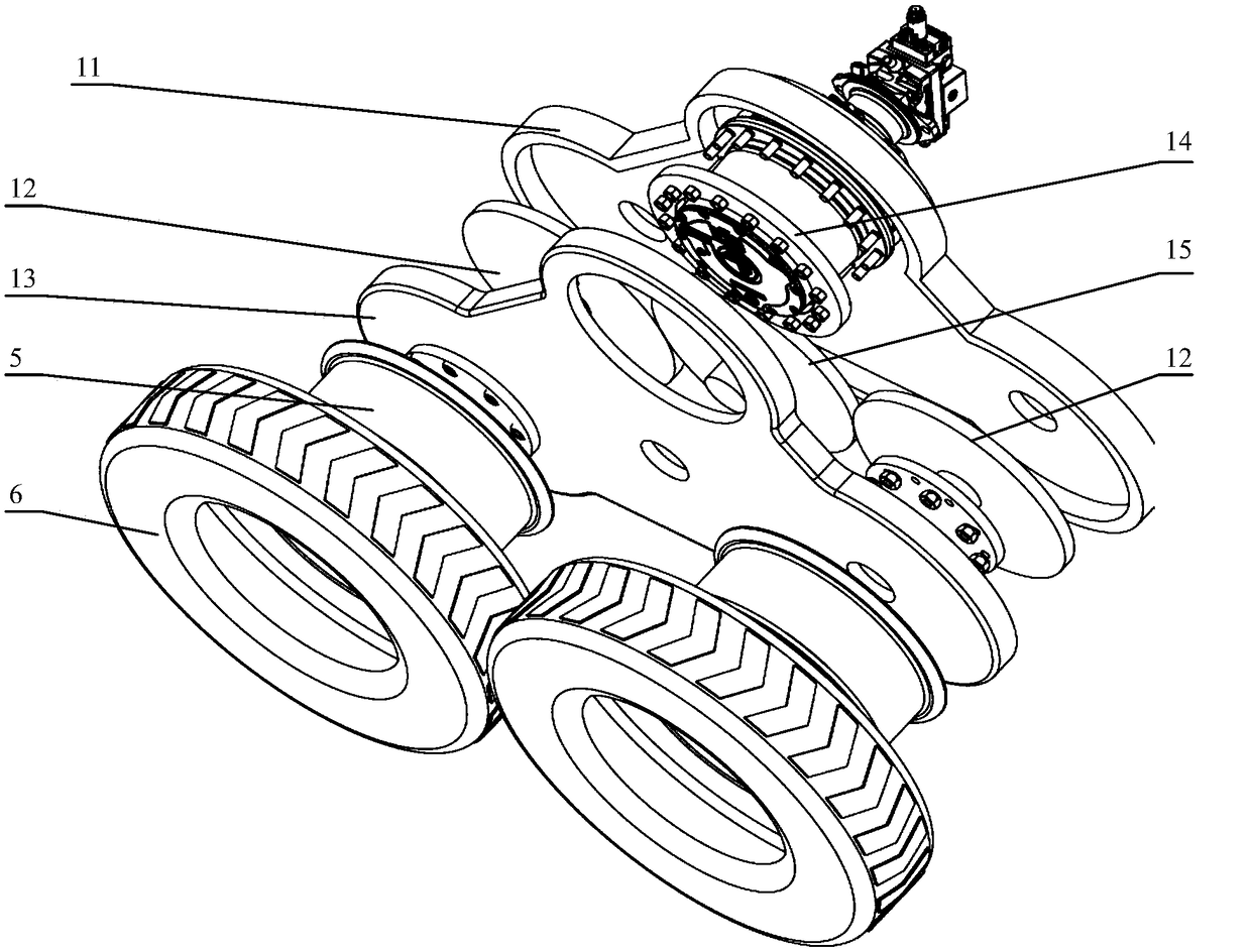 Swinging frame type rear wheel driving structure for spreading machine