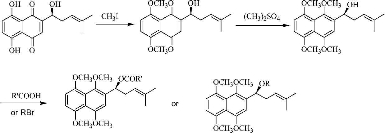 Oxygen alkylated derivative of parent nucleus of alkannin naphthazarin and preparation method and application thereof