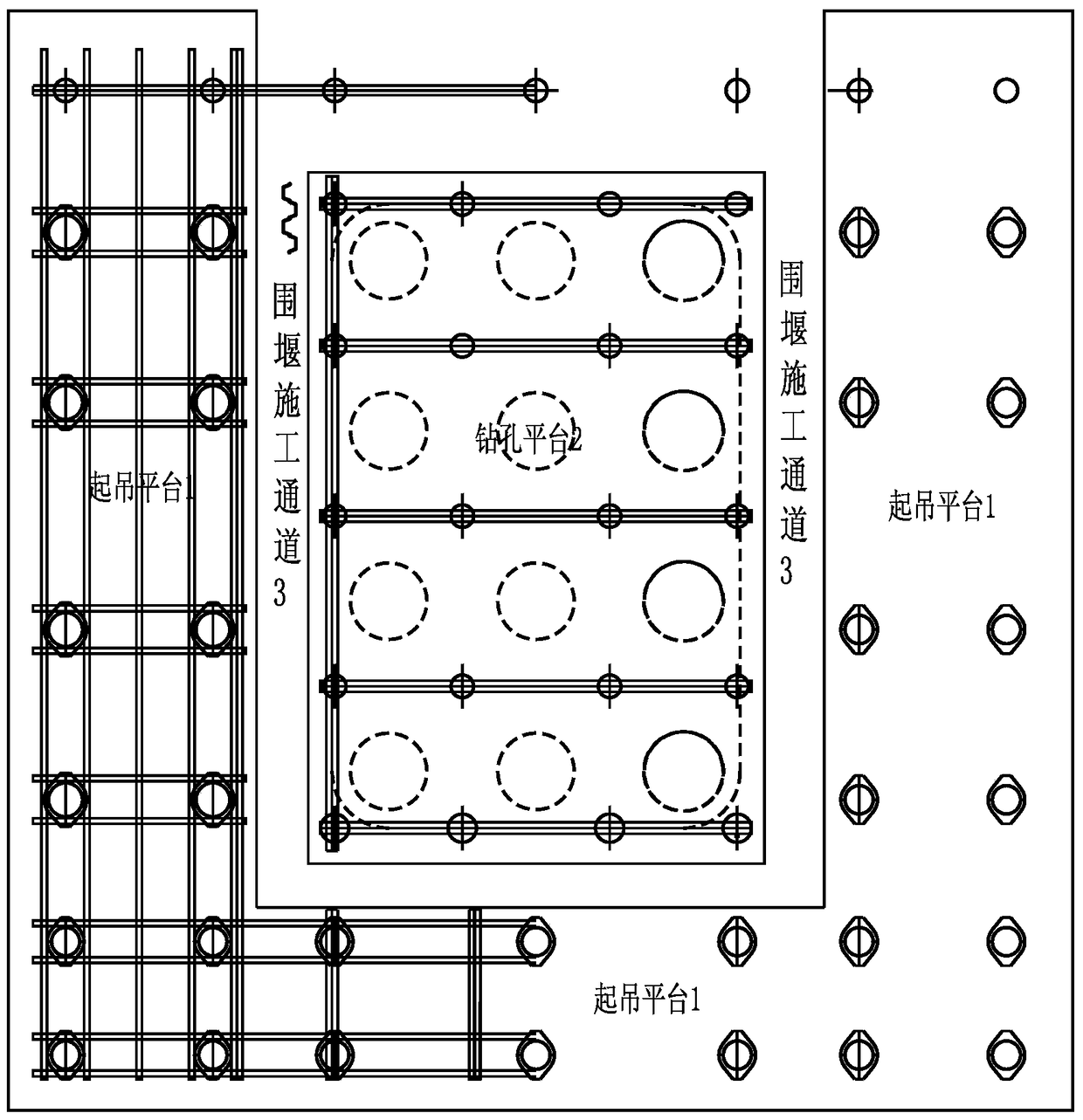 Integrated construction method of piled cofferdam platform for low pile caps in rock formations