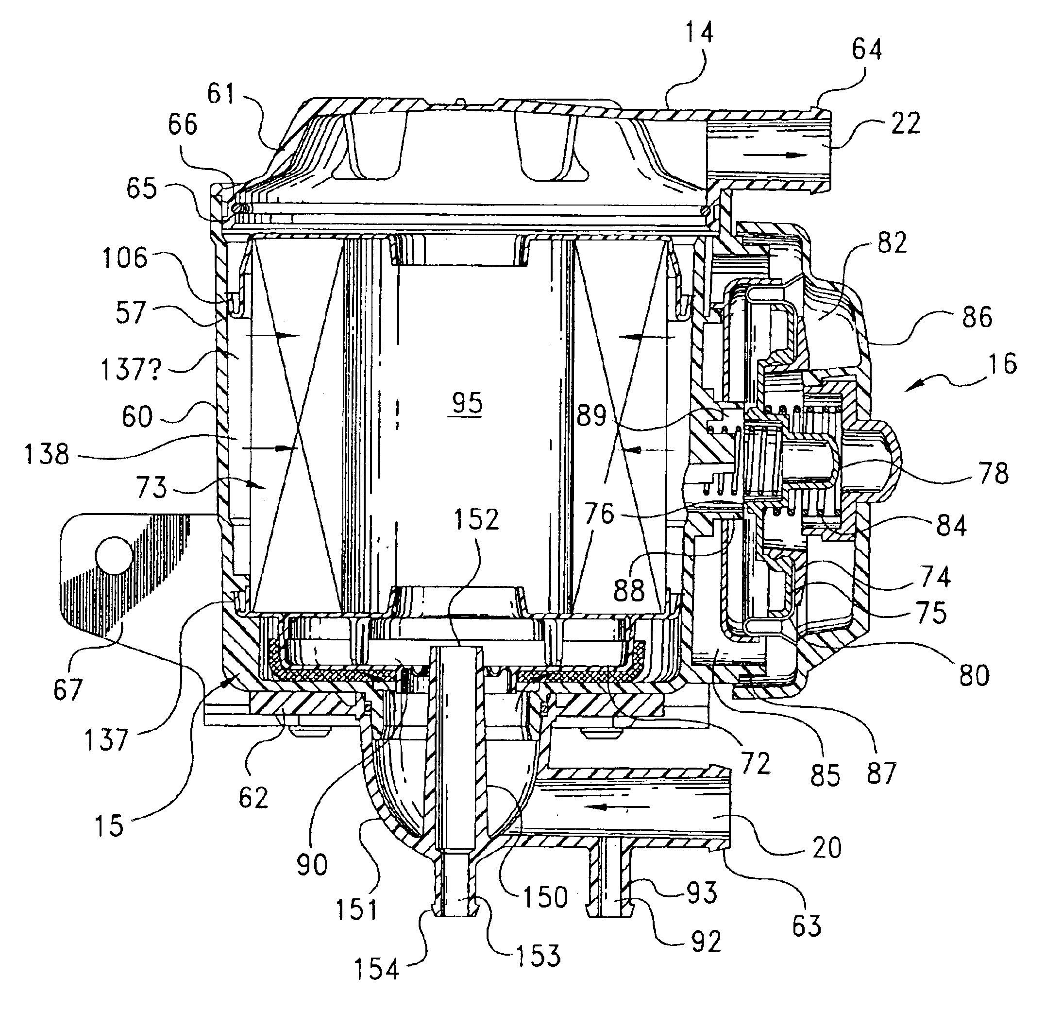 Filter element and assembly with continuous drain