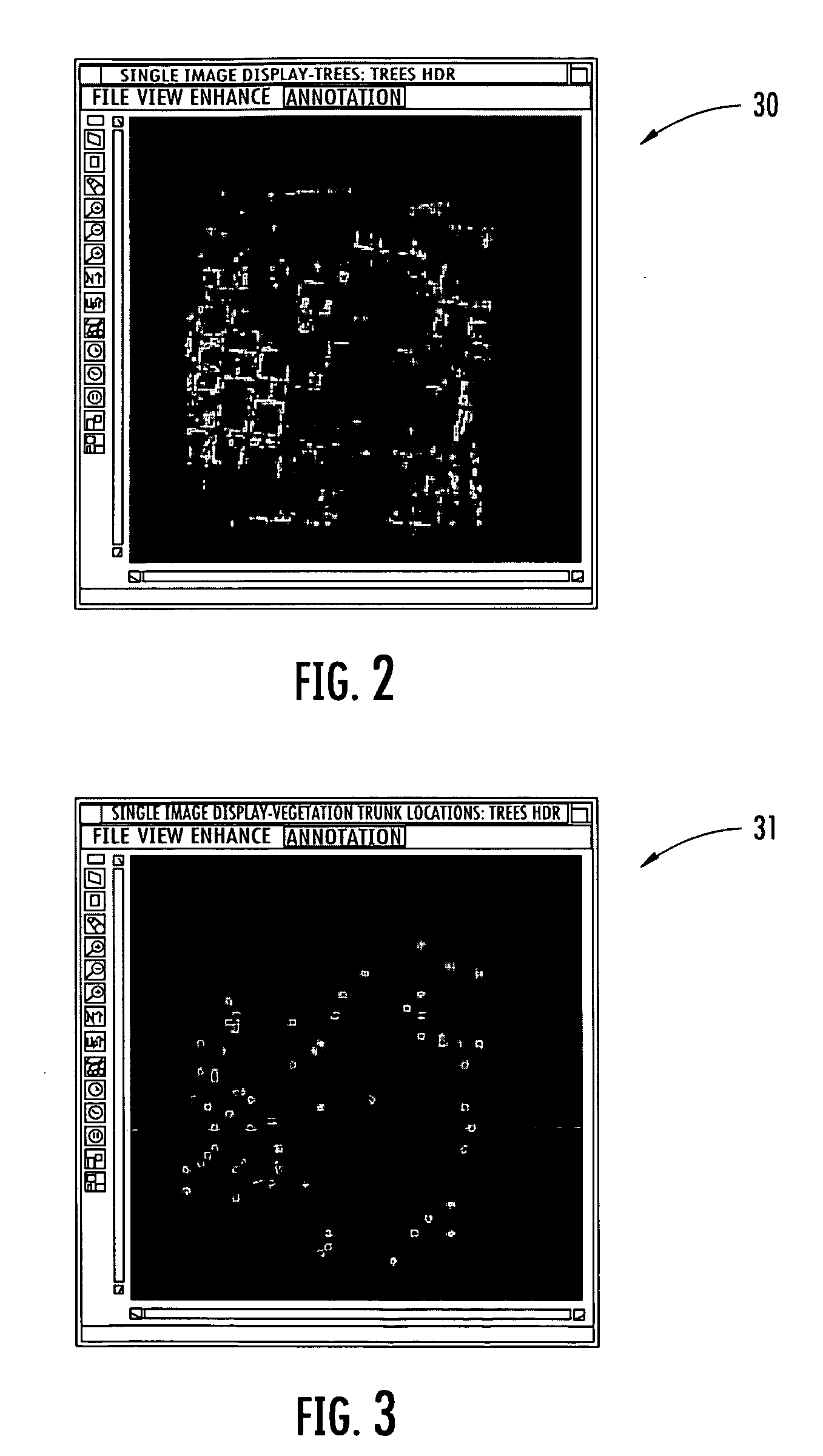 Geospatial modeling system providing simulated tree trunks and branches for groups of tree crown vegetation points and related methods