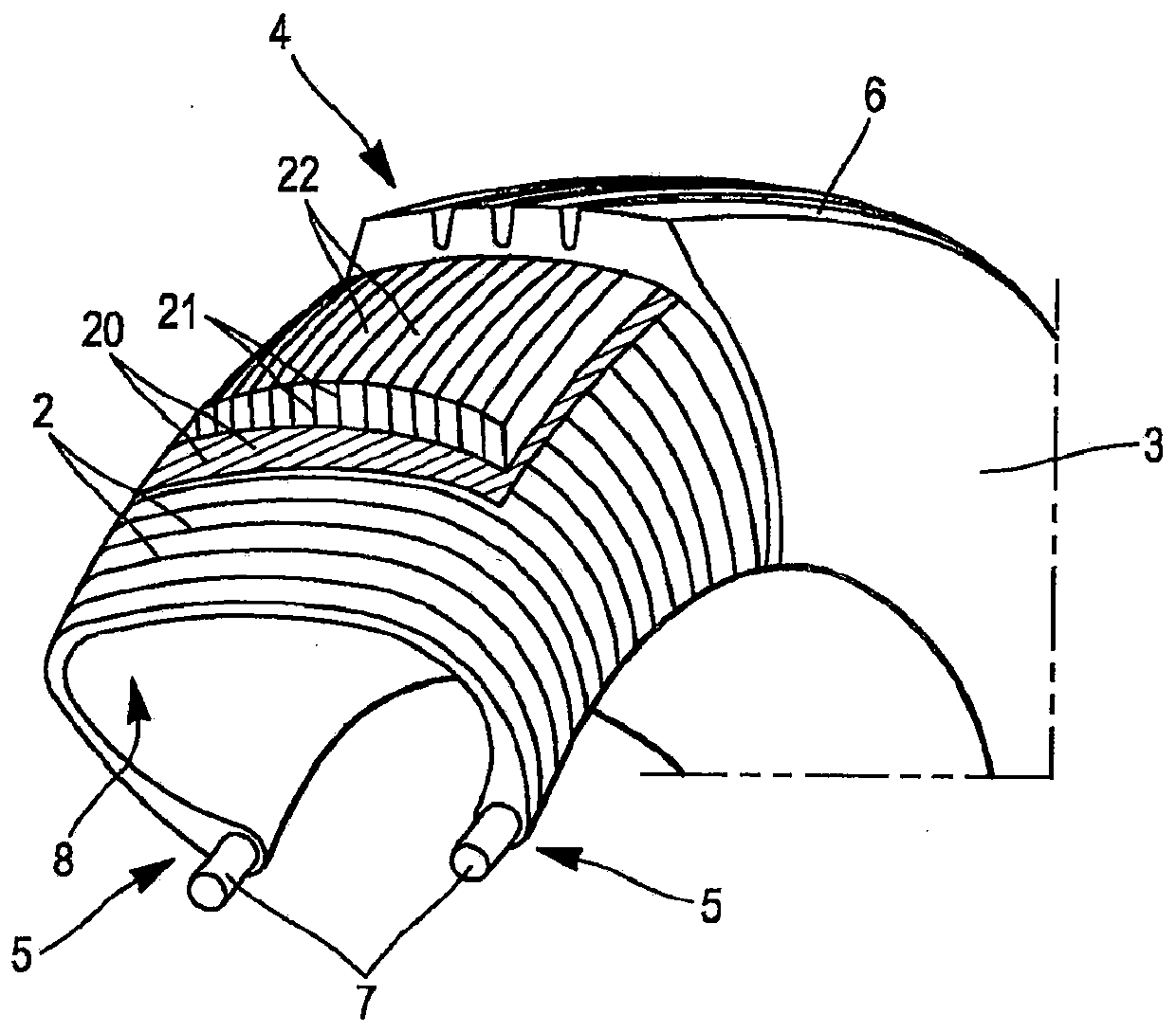 Tyre comprising reinforcing elements in the form of laminated strips