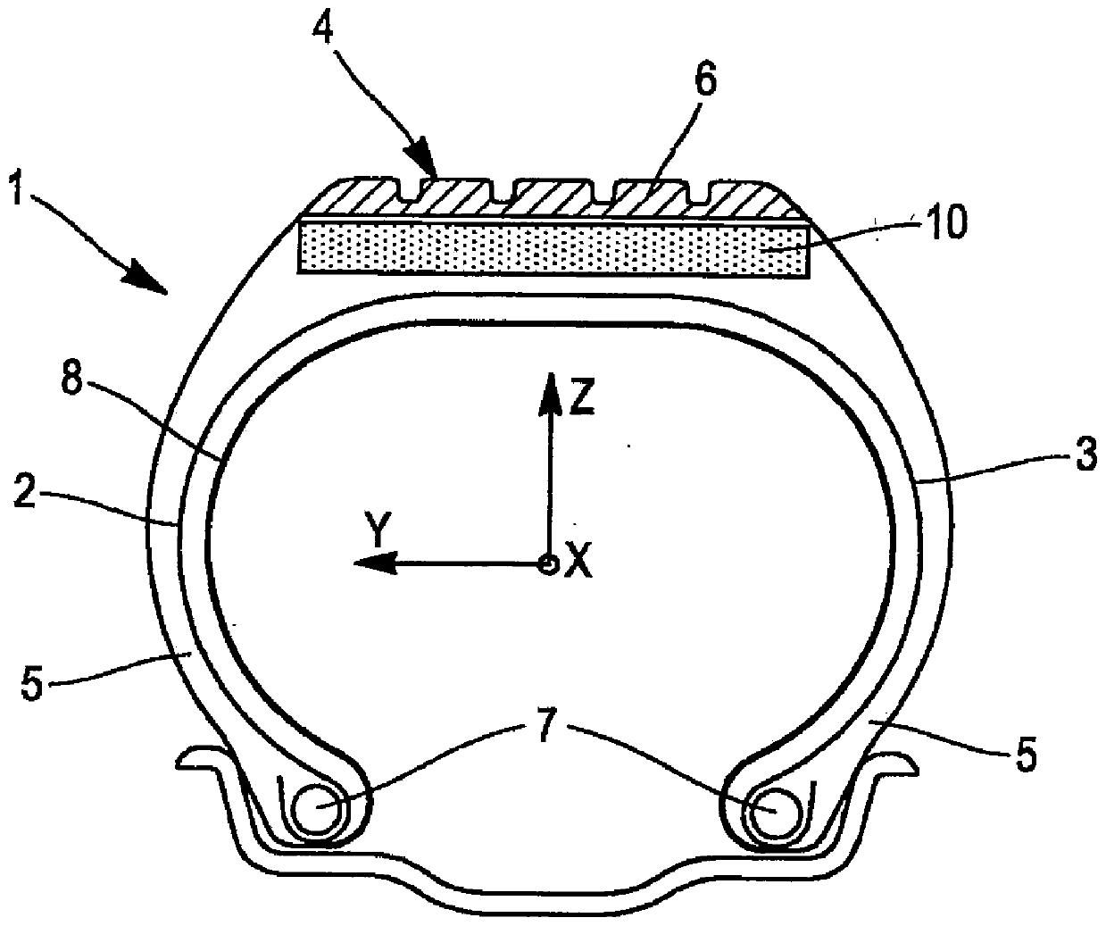 Tyre comprising reinforcing elements in the form of laminated strips