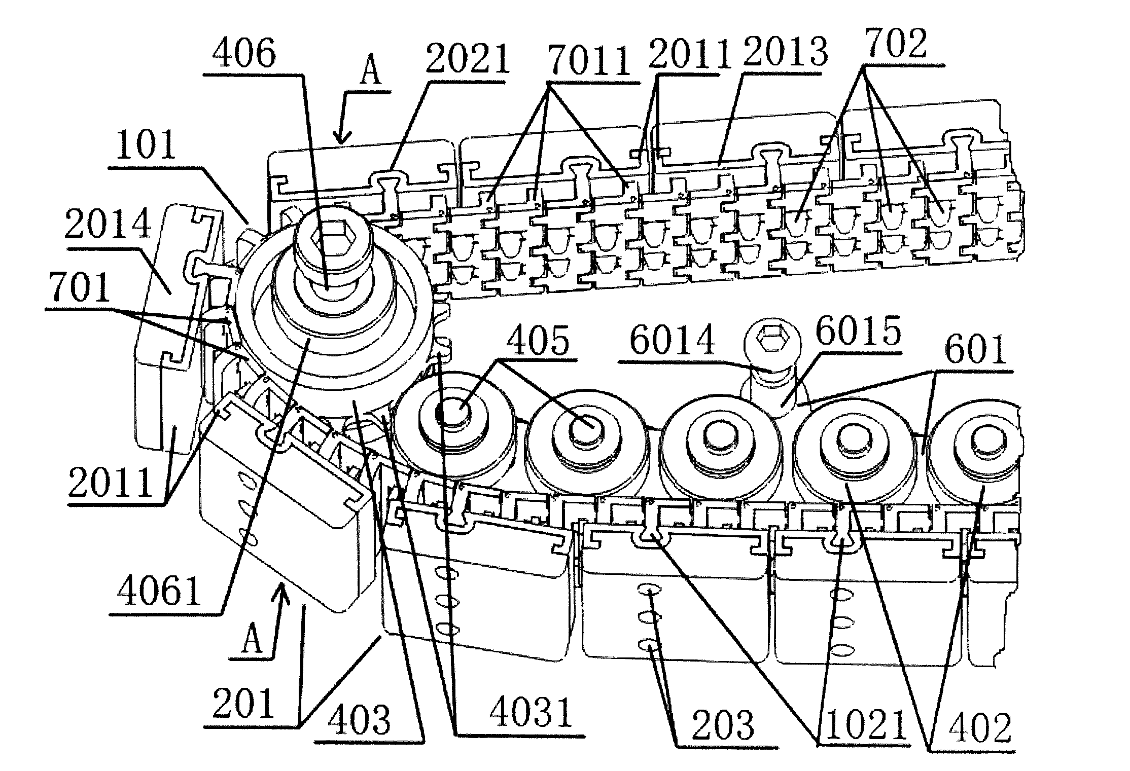 Track wheel with division of work between track and chain, methods for fitting pitch rails to flexible chain and for buffering pre-stress, and open-close type wheel axle