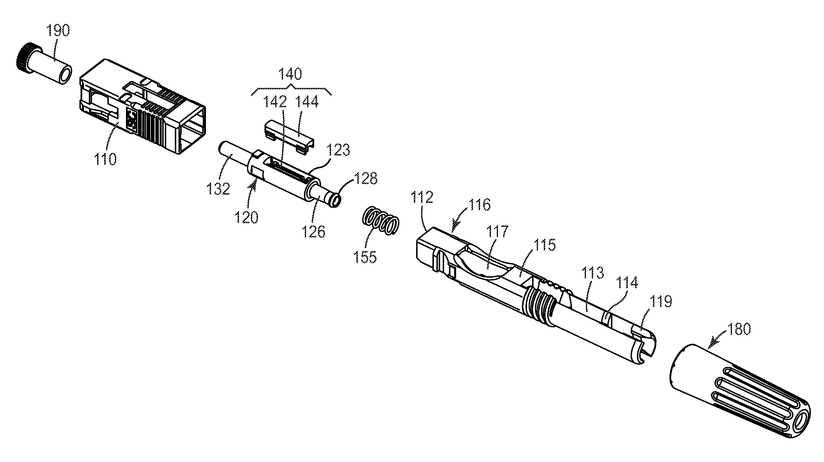 Field terminable optical fiber connector with splice element