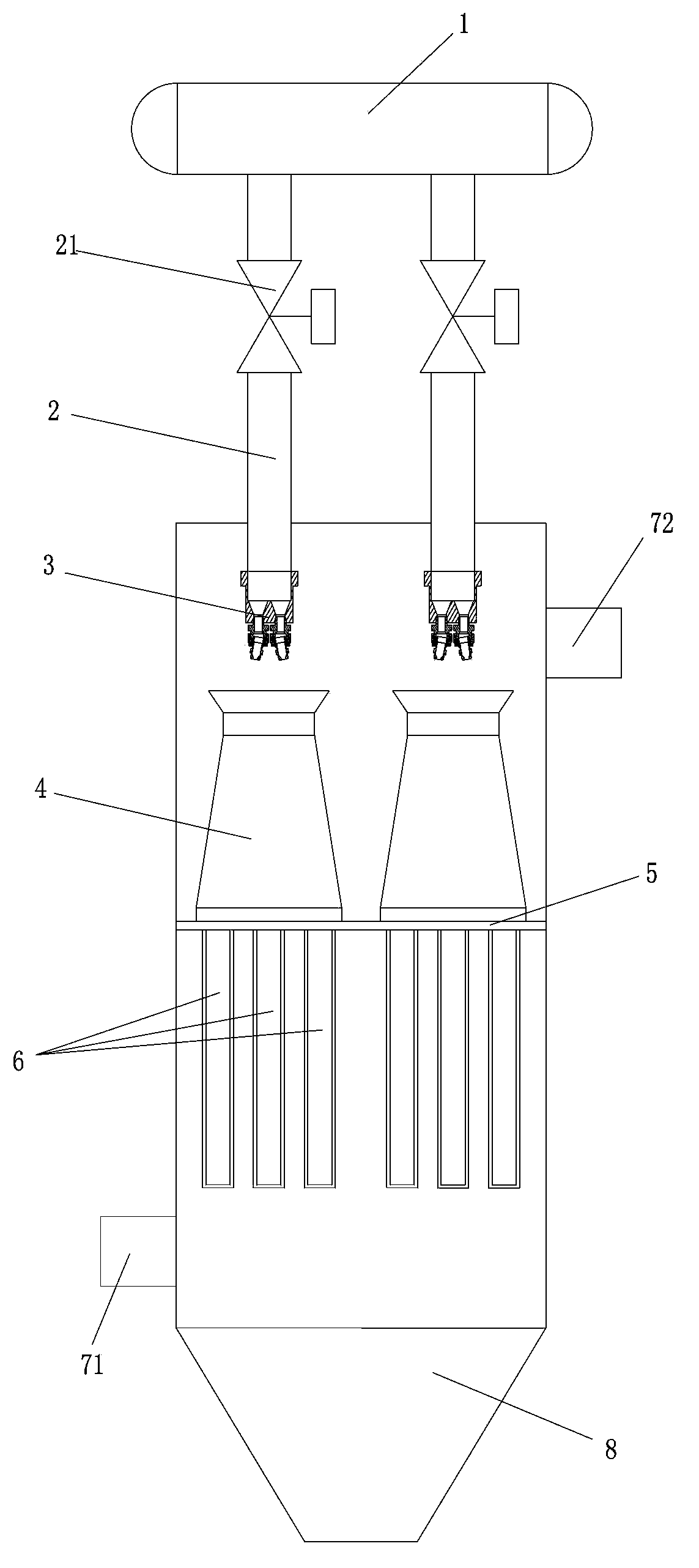 Pulse backflush deashing device for filter