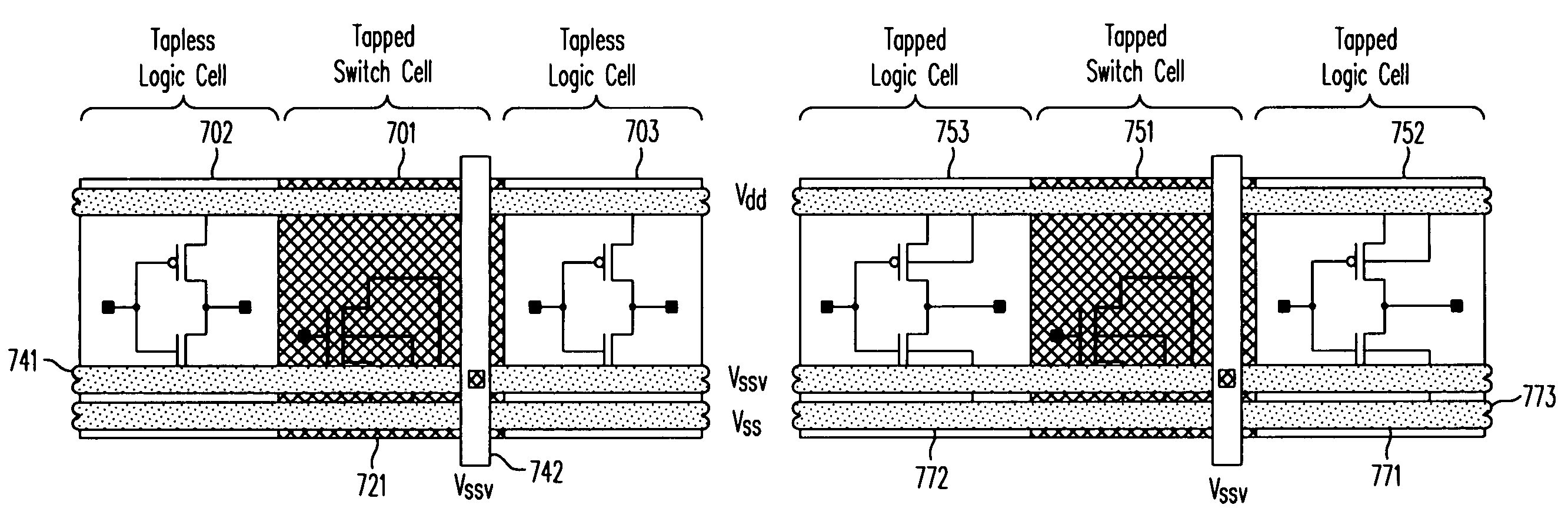 Design method and architecture for power gate switch placement and interconnection using tapless libraries