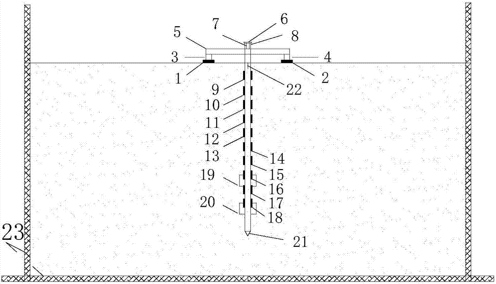 Test device for researching influence of interval between enlarged ends on bearing capacity of base-enlarged uplift pile