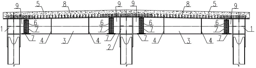 Composite structure of three main trusses, longitudinal beams, transverse beams and concrete slabs