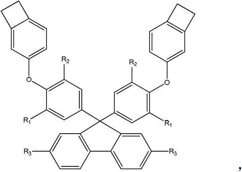 Thermosetting resin monomer containing fluorene and benzocyclobutene construction unit as well as preparation method and application thereof