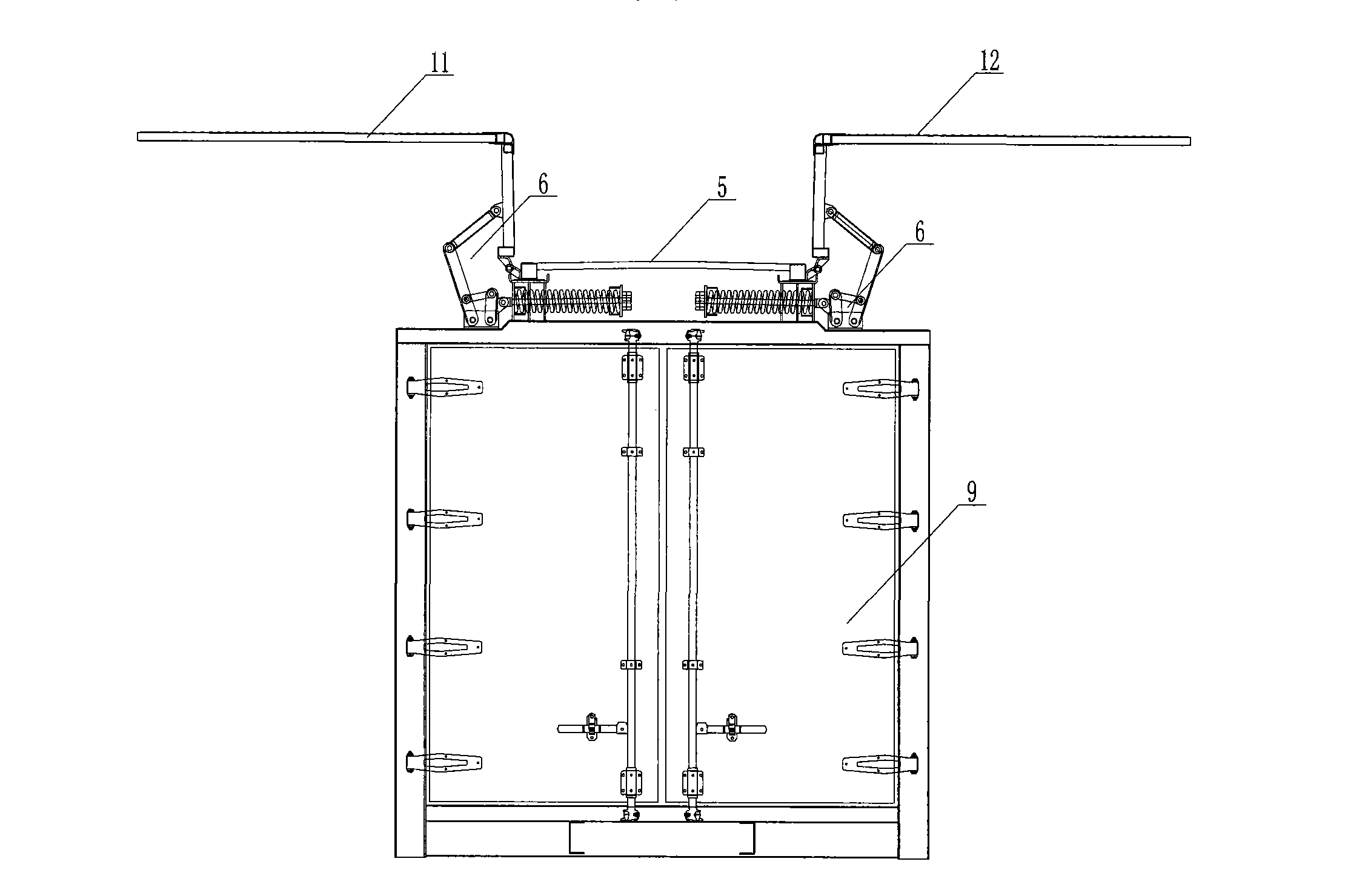 Wing opening box and trucks and container equipped therewith