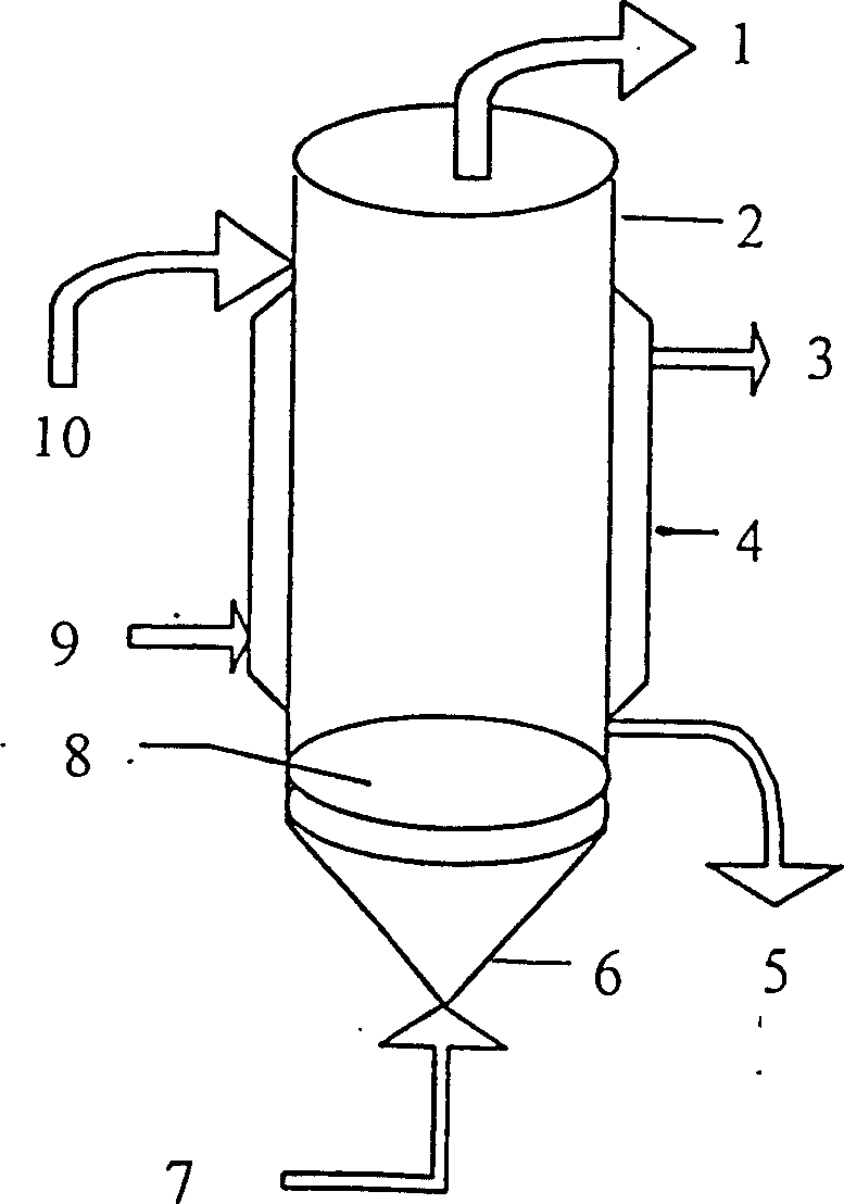 Process and gas-film air tower for treating hydrazine contained sewage generated in production of azodimethylamide