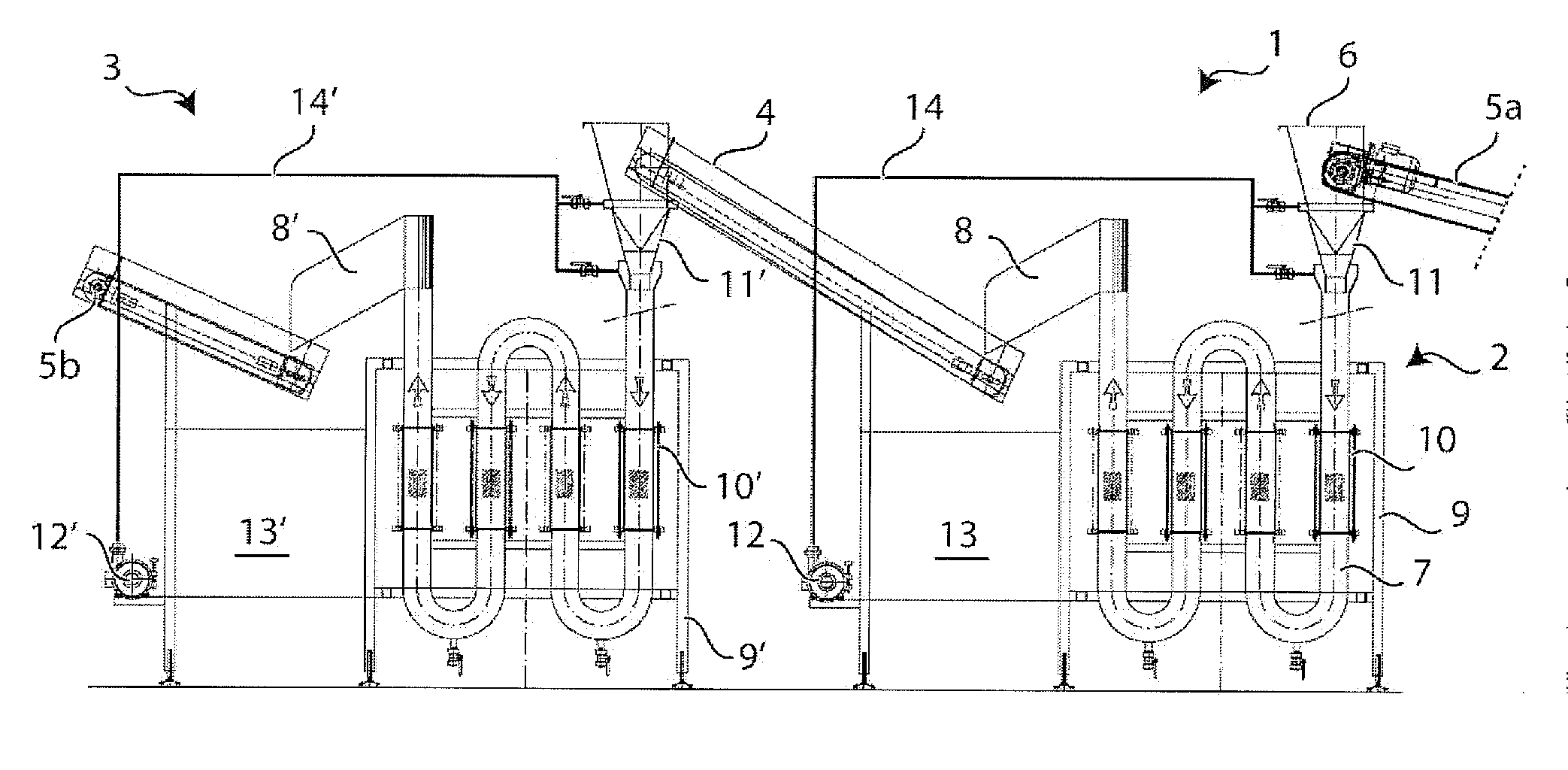 System for transporting and/or washing and/or pasteurisation thermal treatment of foodstuffs, particularly leaf products