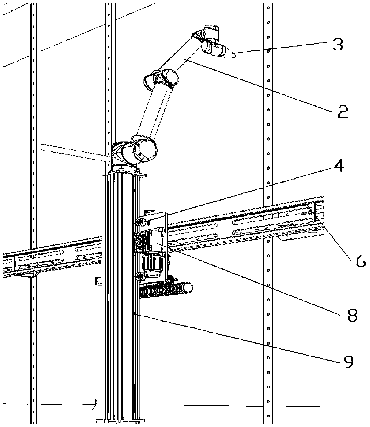 Spraying device integrating climbing frame and rail robot