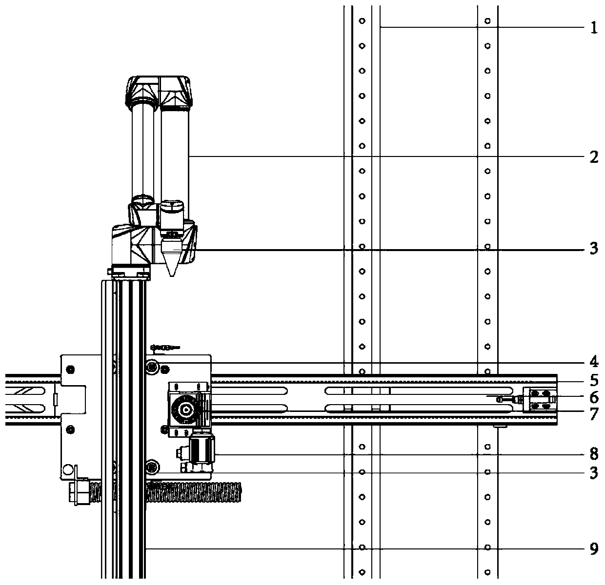 Spraying device integrating climbing frame and rail robot