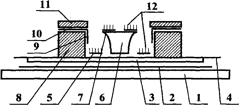 Flat-panel display with side-elevation square grid-controlled inverted round table type cathode structure and manufacturing process thereof