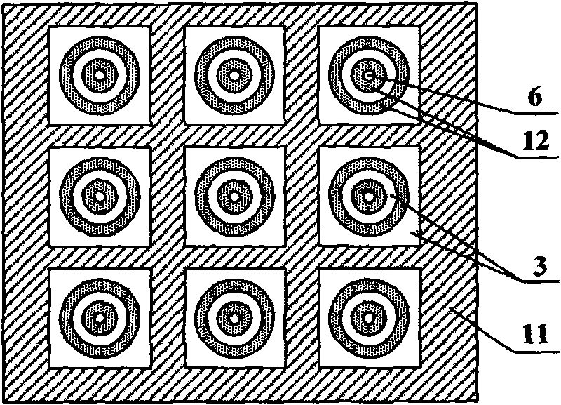 Flat-panel display with side-elevation square grid-controlled inverted round table type cathode structure and manufacturing process thereof