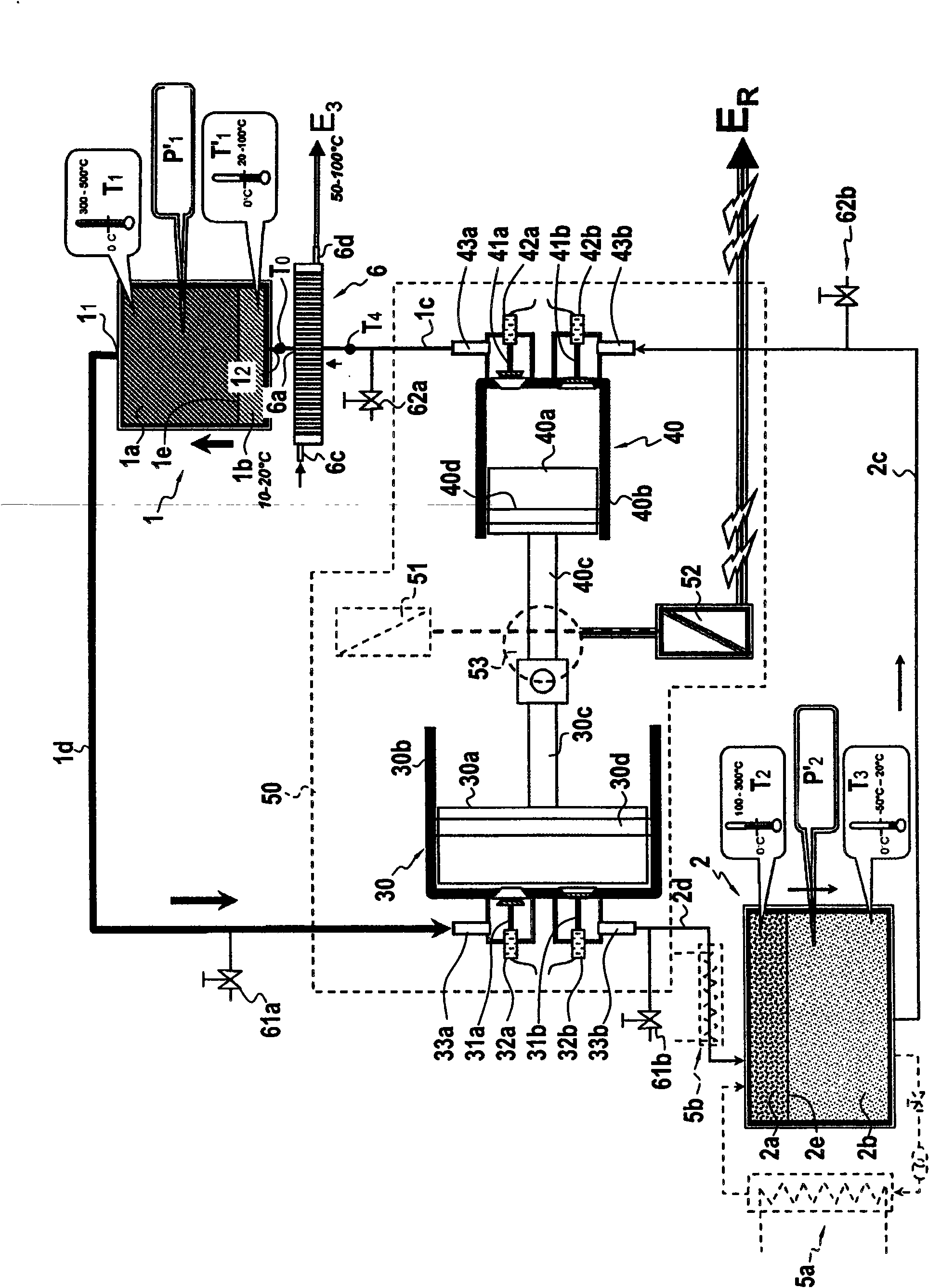 Installation and methods for storing and restoring electrical energy using a piston-type gas compression and expansion unit