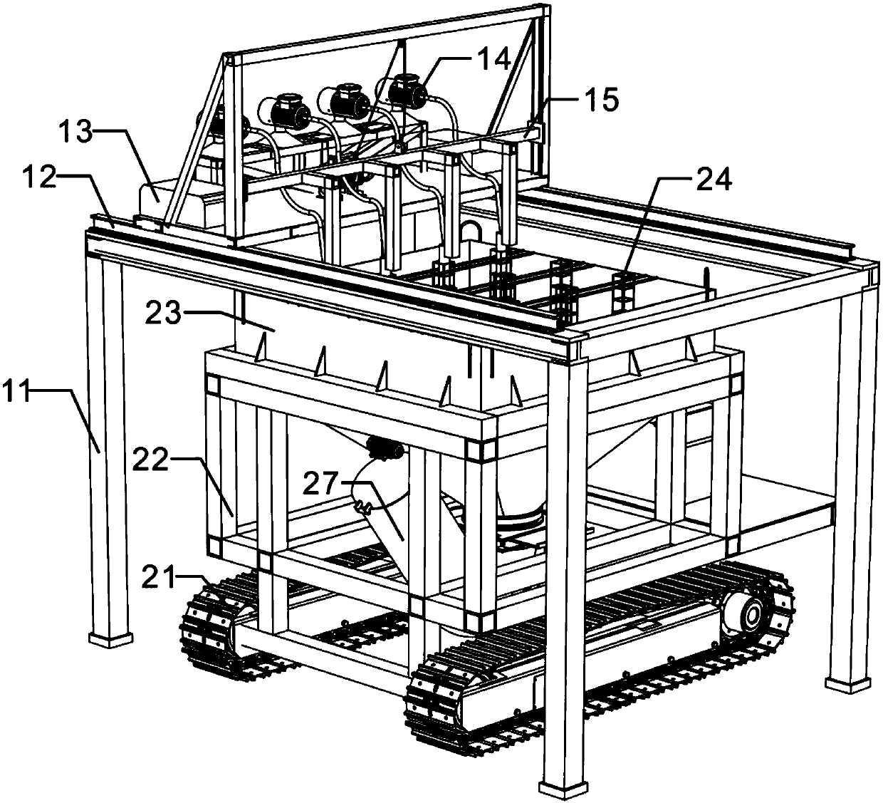 Self-moving type recycled block body discharging, mixing and vibrating device