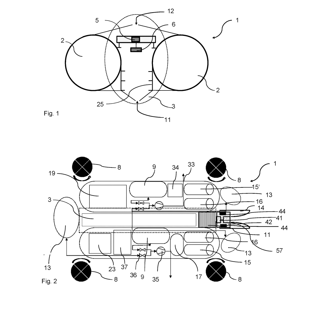 Submarine vehicle, method for picking up a load from the seabed and a method for setting down a load on the seabed