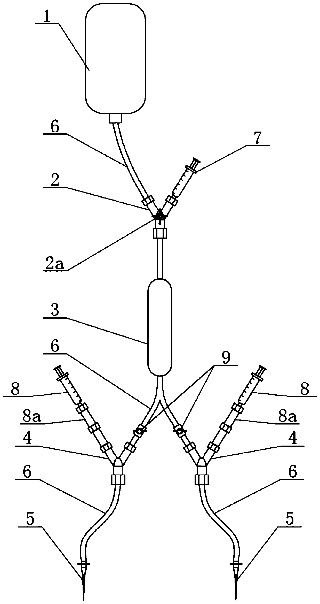 Continuous intravenous administration device for animal blood pressure increasing and reducing tests and administration method thereof