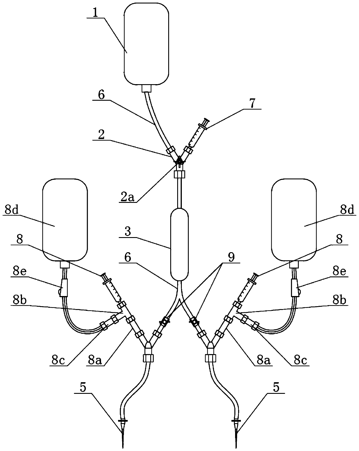 Continuous intravenous administration device for animal blood pressure increasing and reducing tests and administration method thereof