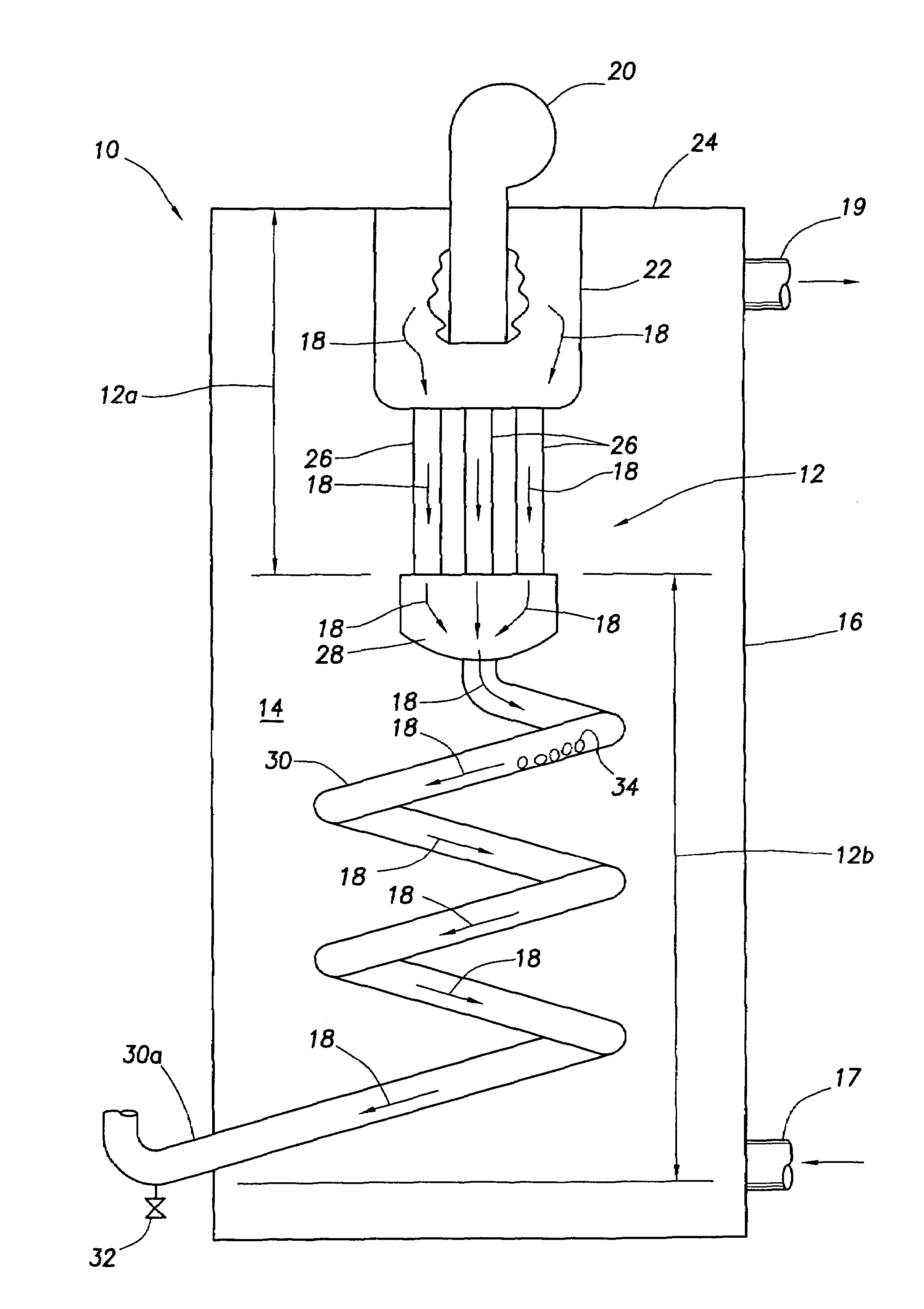 Single pass fuel-fired fluid heating/storage device