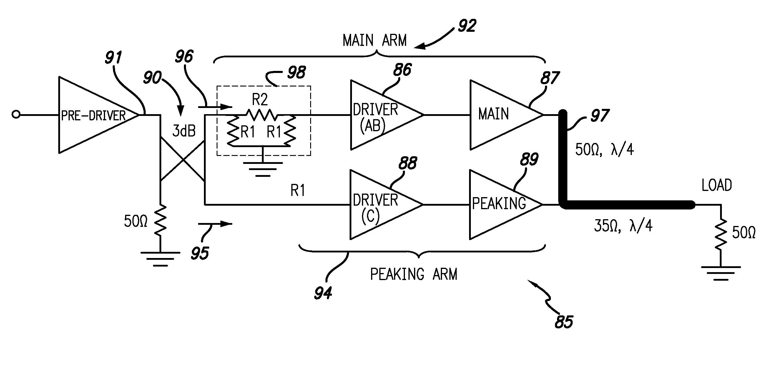 Wide-band multi stage doherty power amplifier