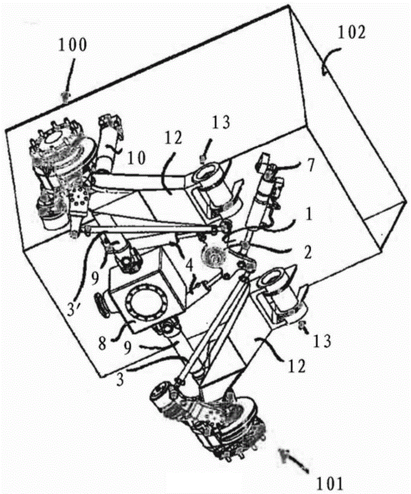 Wheel suspension for travelling crane, and crane