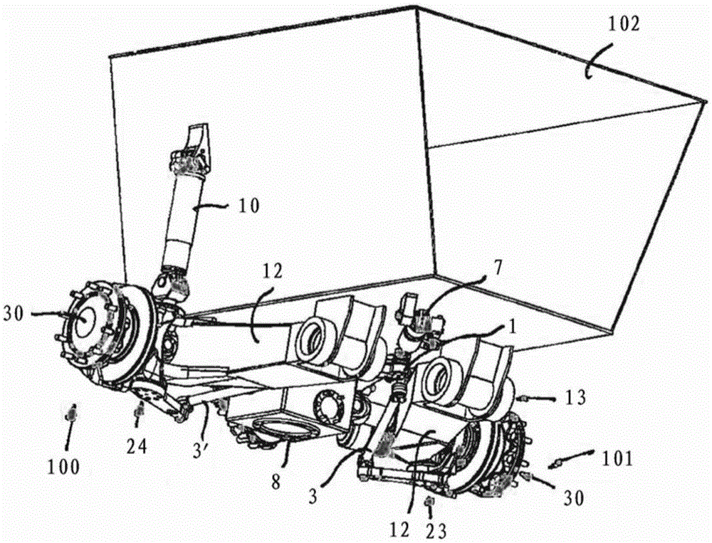 Wheel suspension for travelling crane, and crane