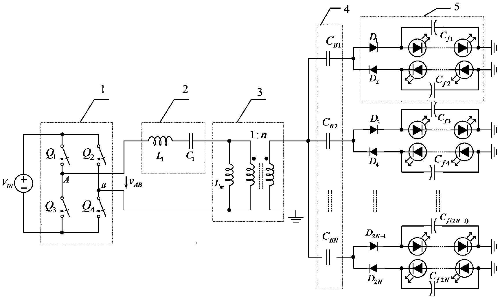 CLC constant-current network-type LED self-current-sharing circuit and control method therefor