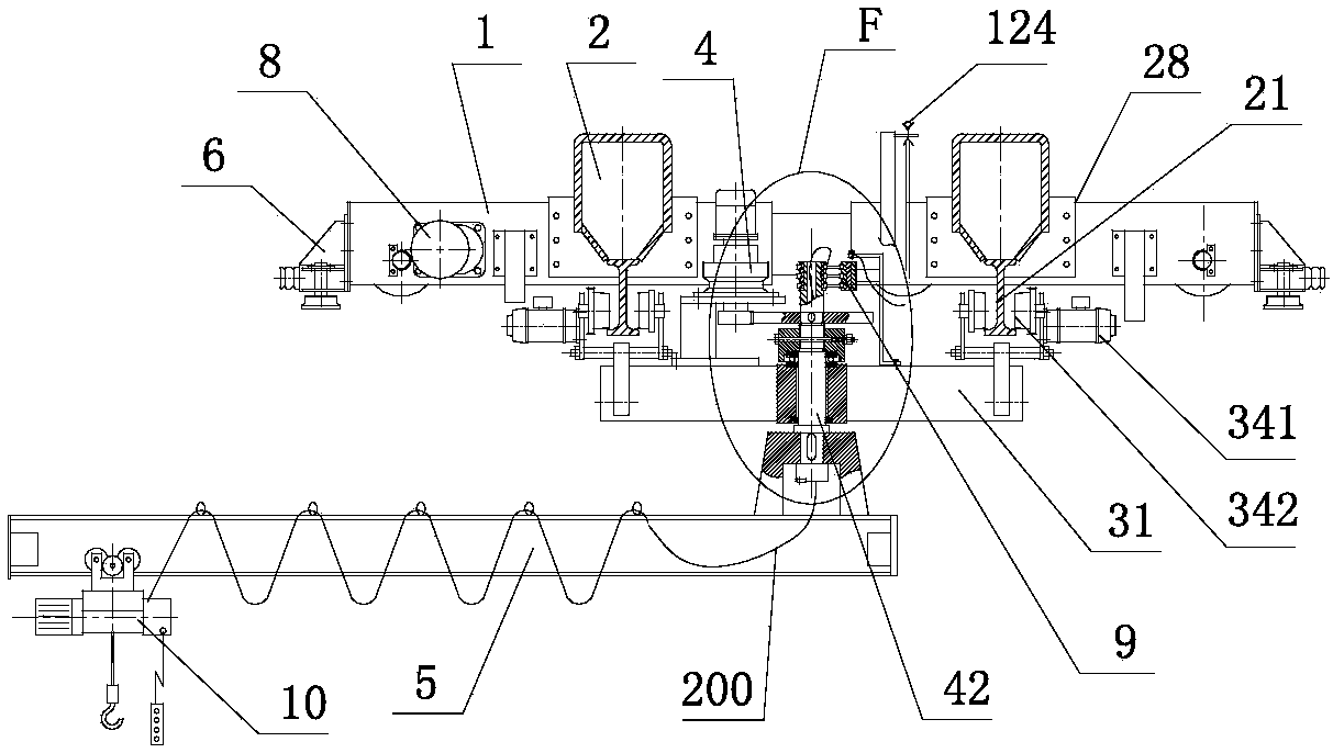 Cantilever crane with underslung trolley and balance end beam bodies and collector slip ring