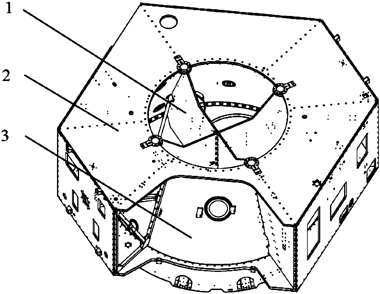 Satellite platform structure with downward-stretching storage box