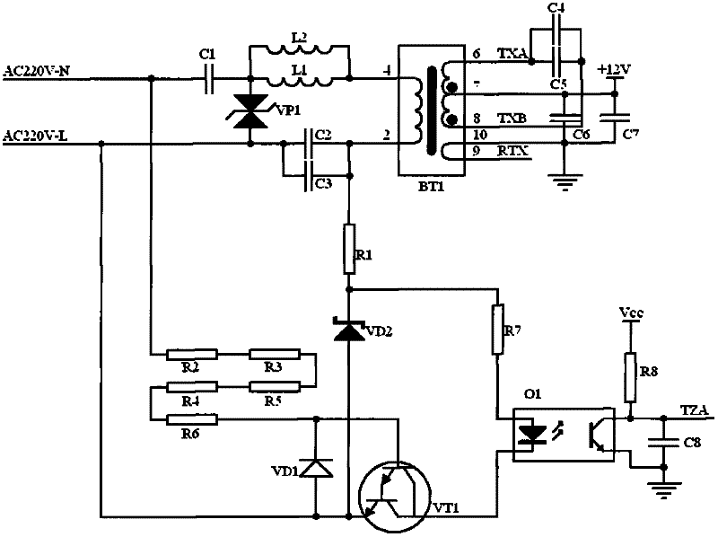 Alternating current mains supply isolation zero crossing checking circuit combined with low-voltage power line carrier wave communication signal coupling