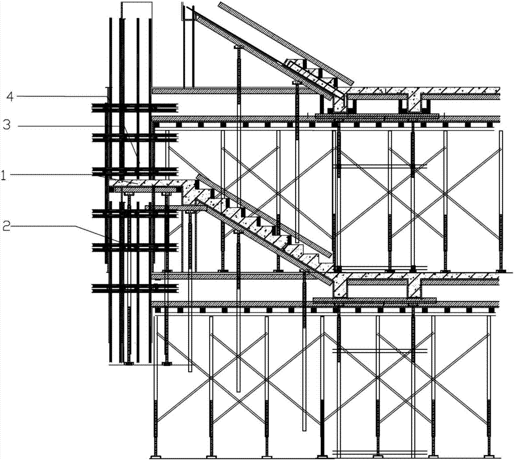 Method for secondary pouring of staircase columns through formwork supporting