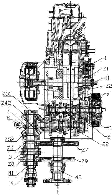 Motor tricycle, transmission system and multifunctional engine with speed reduction and torque increasing functions