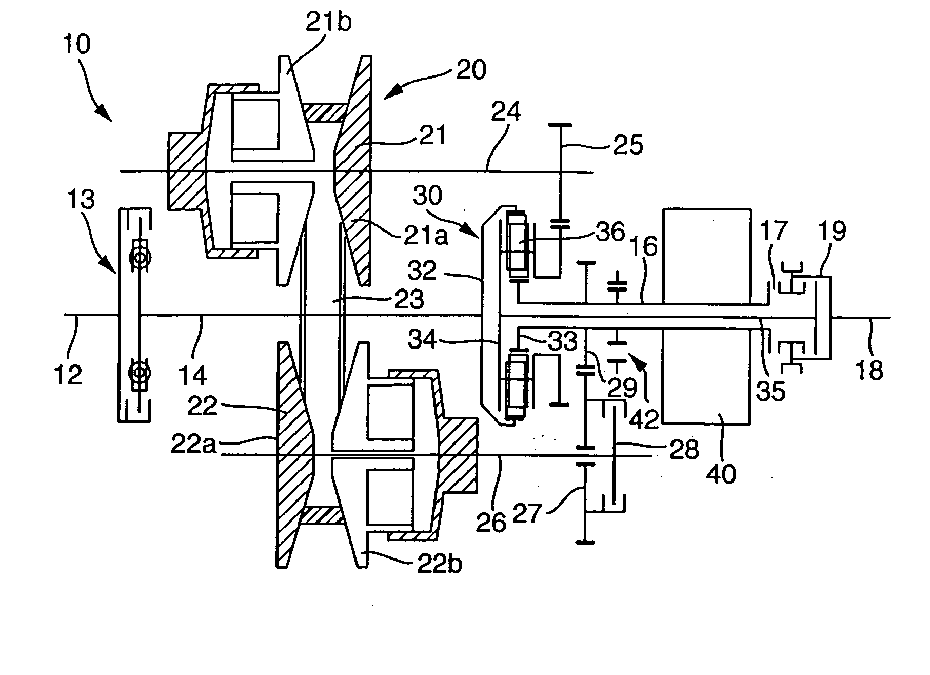 Power-branched transmission having a plurality of transmission ratio ranges with continuously variable transmission ratio