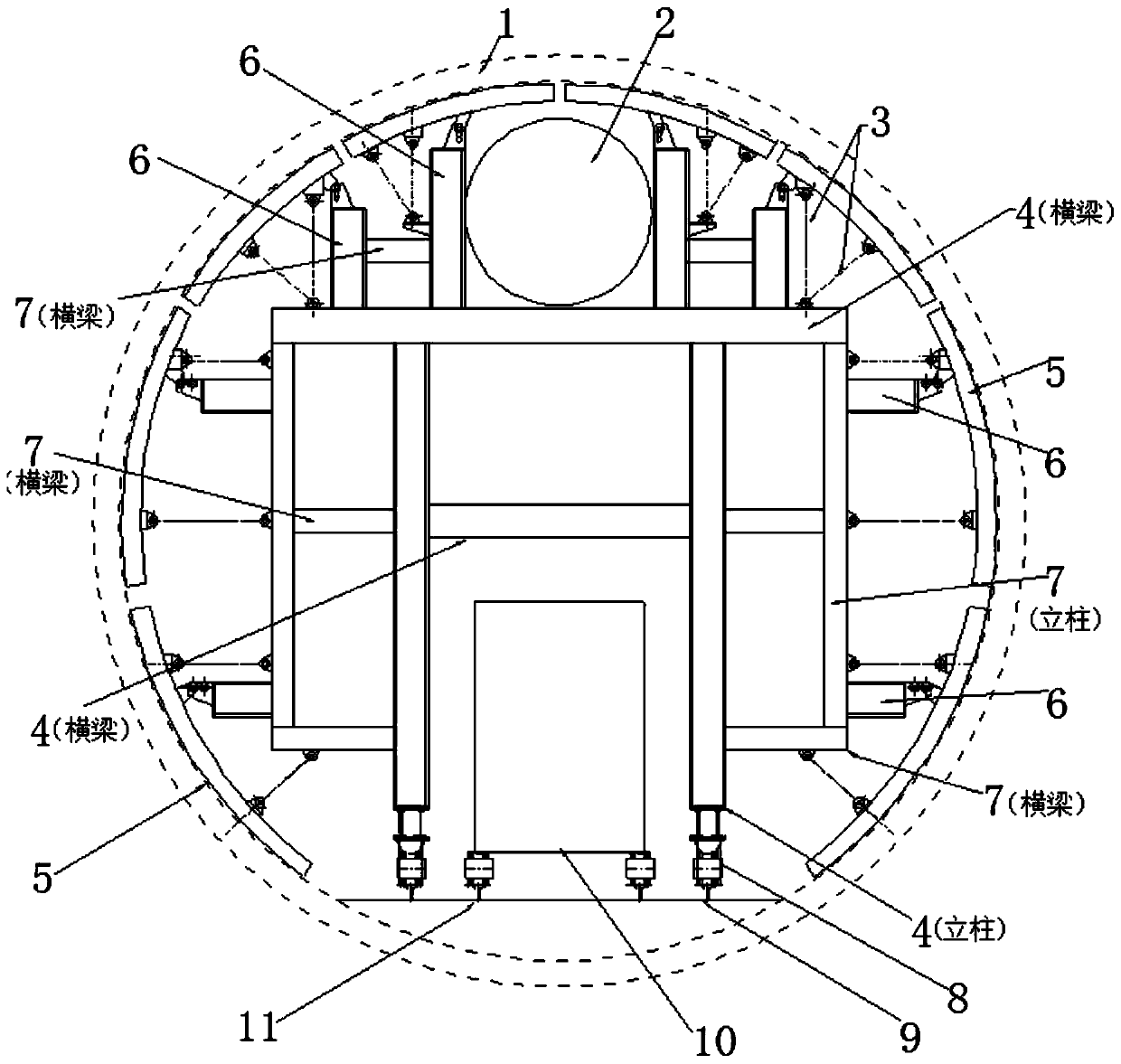 Shield tunnel internal supporting trolley system under small spacing, shallow soil covering and small radius conditions