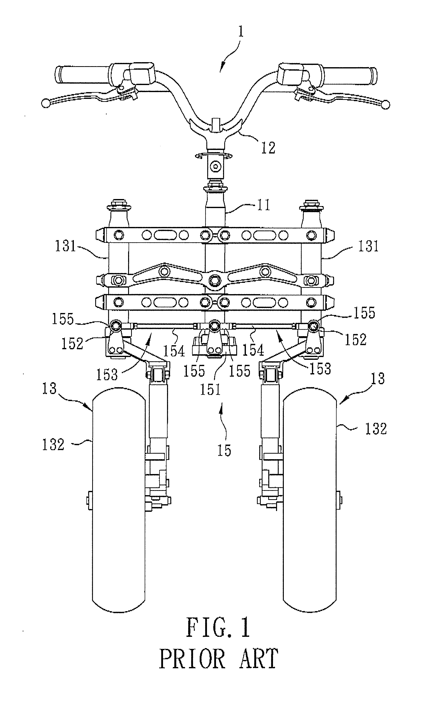 Steering apparatus for a vehicle having two front wheels