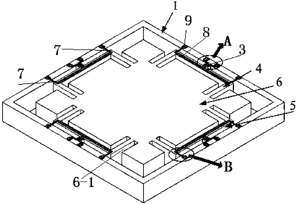 Multi-beam type single-mass block in-plane biaxial acceleration sensor chip and preparation method thereof