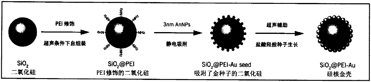 Method for preparing silicon core and golden shell nanoparticles by ultrasonic-assisted hydroxylamine hydrochloride seed-growth method