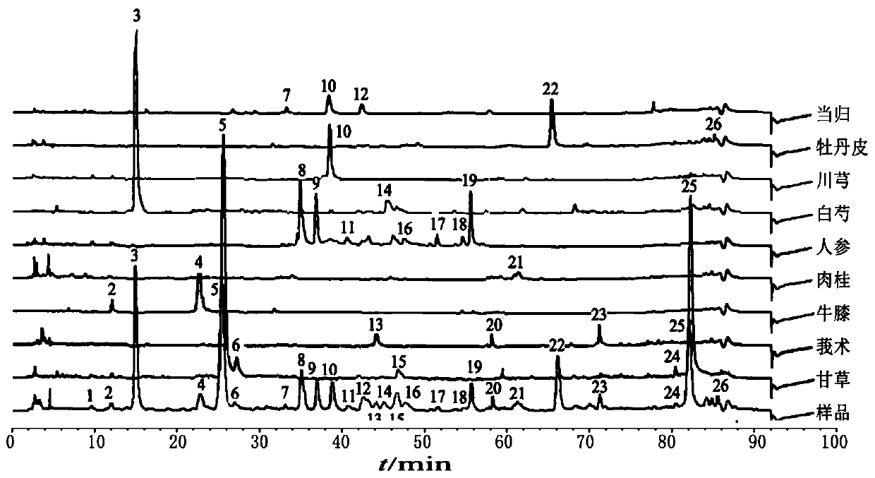 Fingerprint spectrum detection method for meridian warming decoction