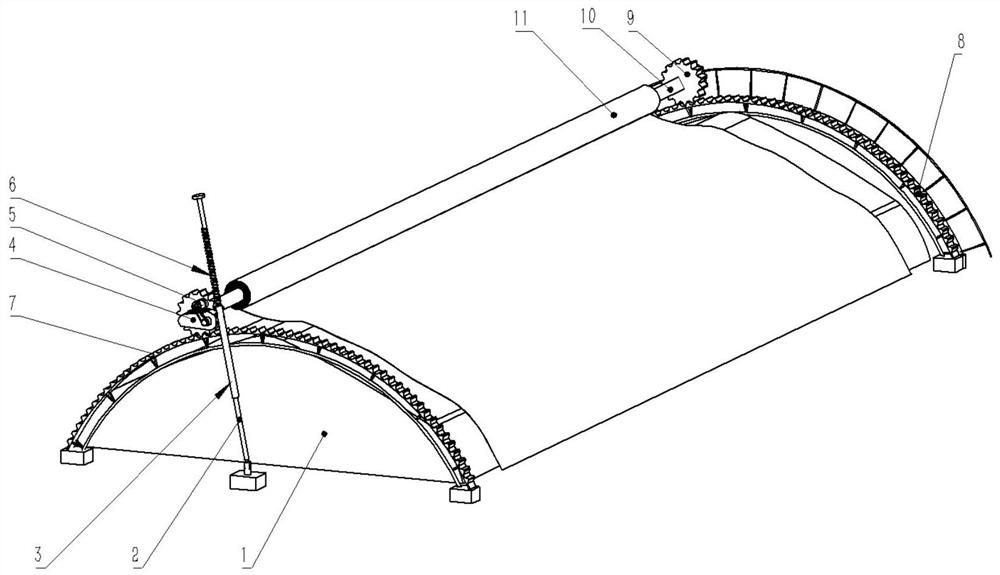 Greenhouse external heat preservation quilt crossing type paving and rolling device