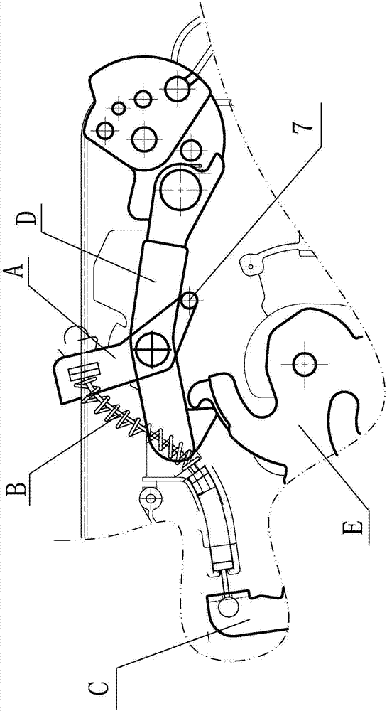 Device adopting rotary shifting fork associated with action of outward unlocking mechanism to achieve emergency unlocking